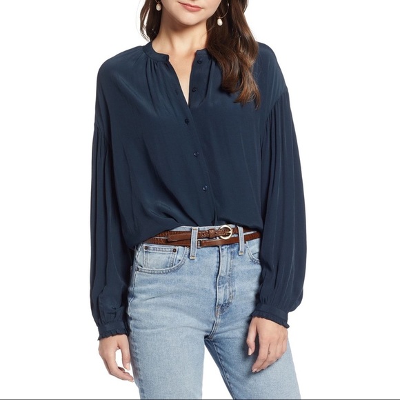 Something Navy Easy Volume Top Blouse Navy Blue - Picture 1 of 6